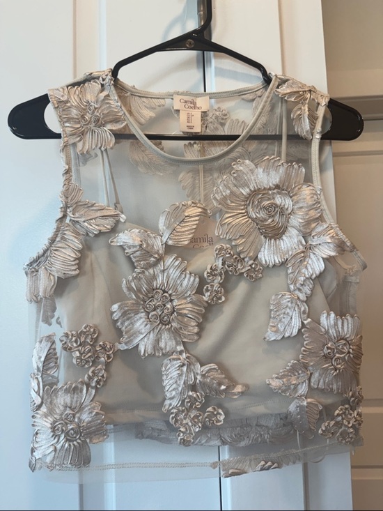 Camila Coelho Tops - Camila Coelho Silver/ Cream Floral Appliqué Mesh Crop Top